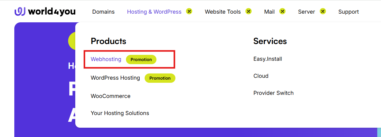 world4you hosting and WordPress menu showing Web Hosting option