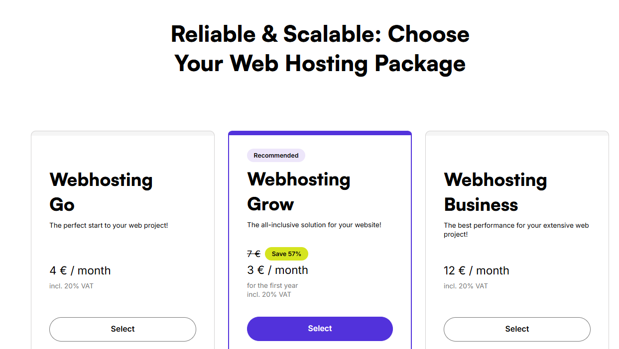 world4you hosting packages including Webhosting Go, Webhosting Grow, and Webhosting Business