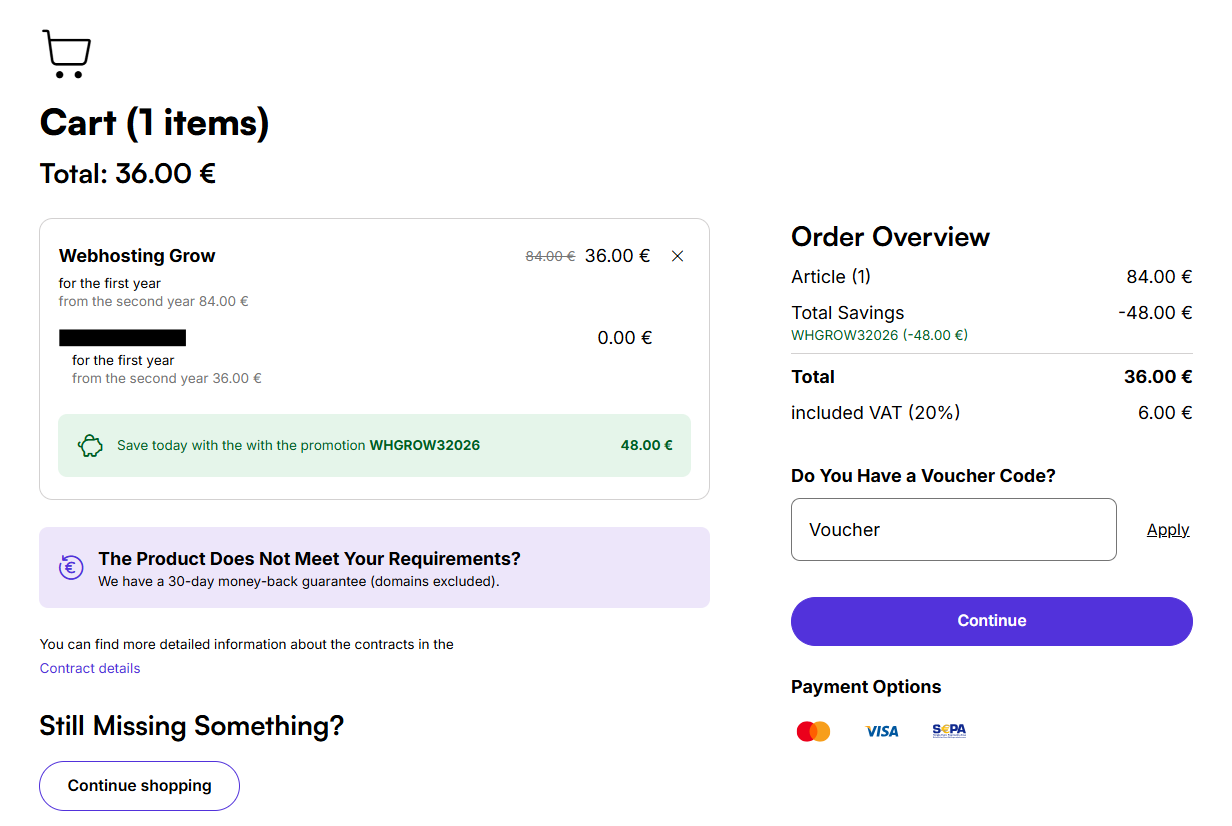 world4you checkout page showing hosting plan pricing savings VAT and total