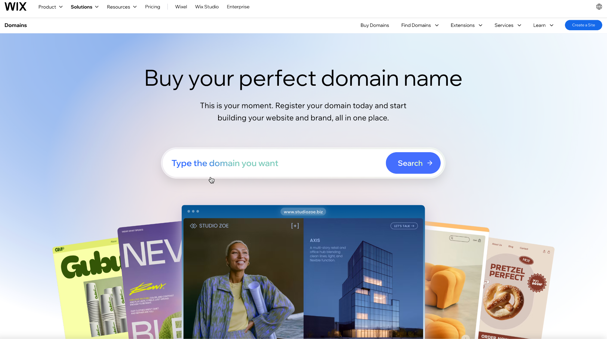 screenshot of Wix homepage