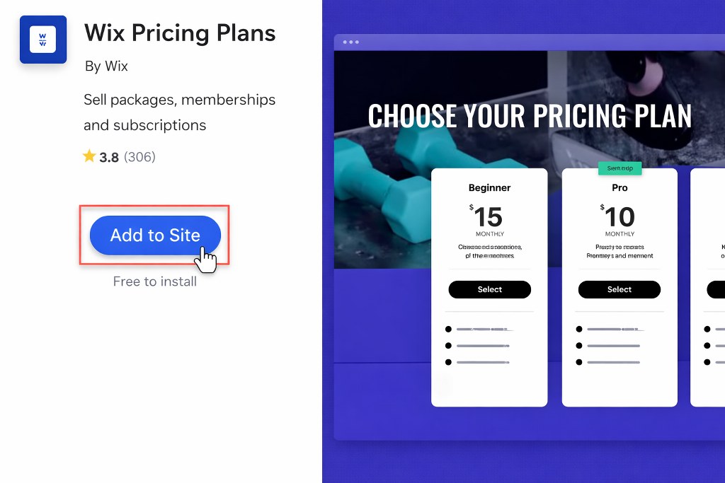 A Wix pricing plans interface with an Add to Site button and tiered subscription options displayed.