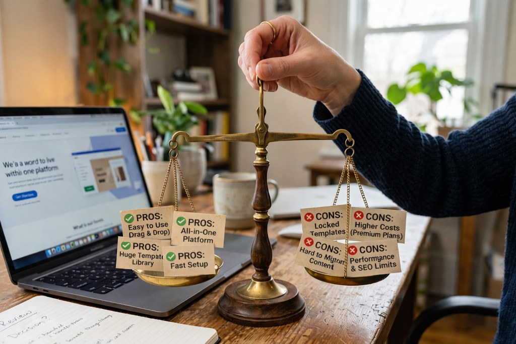 A balance scale comparing Wix pros and cons on a desk beside a laptop in a cozy workspace.