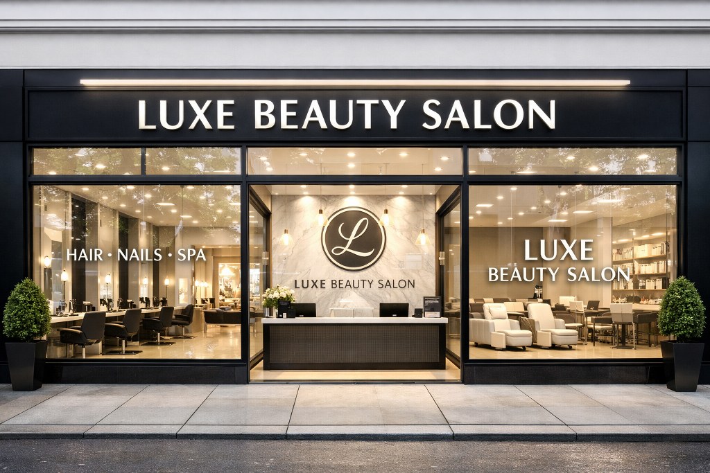 A beauty salon with clear branding and visibility.