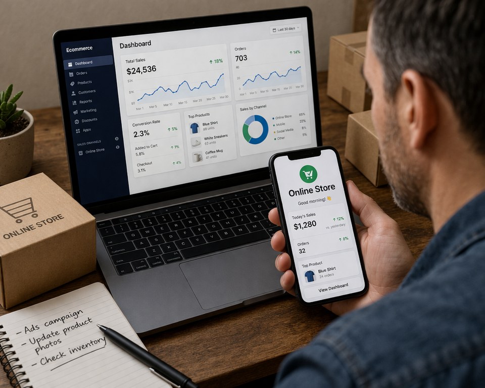 A business owner reviews e-commerce analytics on a phone while monitoring performance data on a laptop from a back-view perspective.