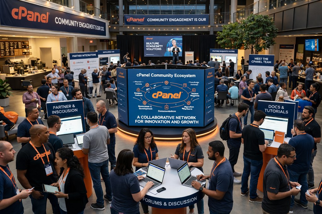 A busy tech event shows people collaborating around a central ecosystem hub.