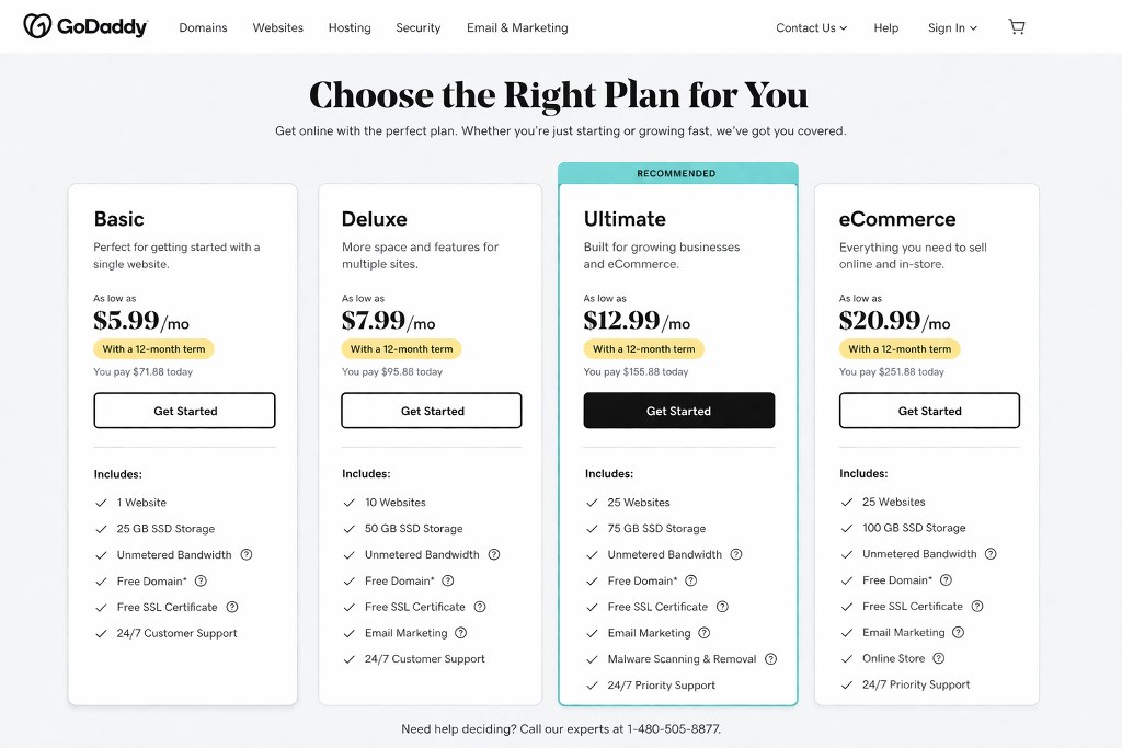 Uma página de preços moderna e limpa da GoDaddy exibindo quatro níveis de hospedagem