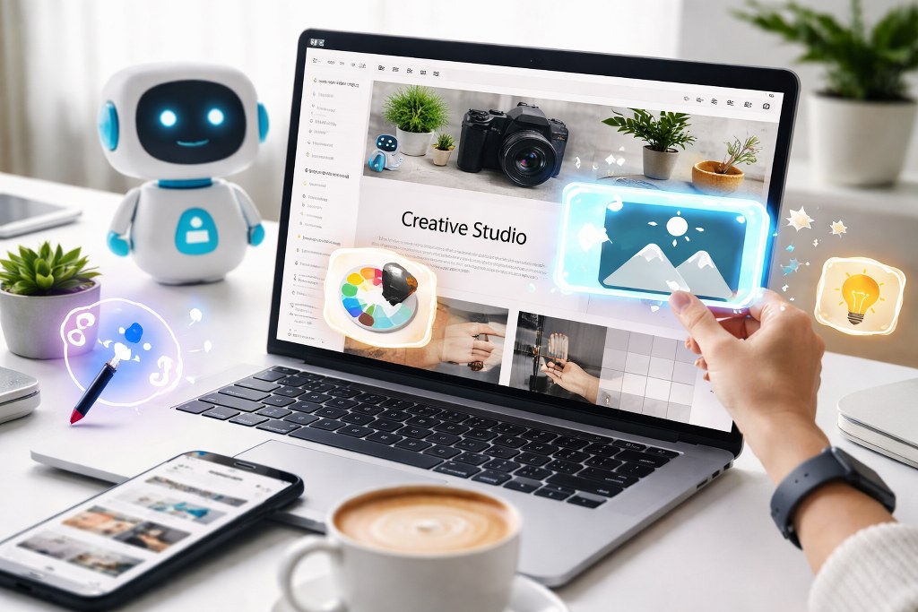 A clean workspace shows AI assisting in building a website quickly using a laptop and smart tools.