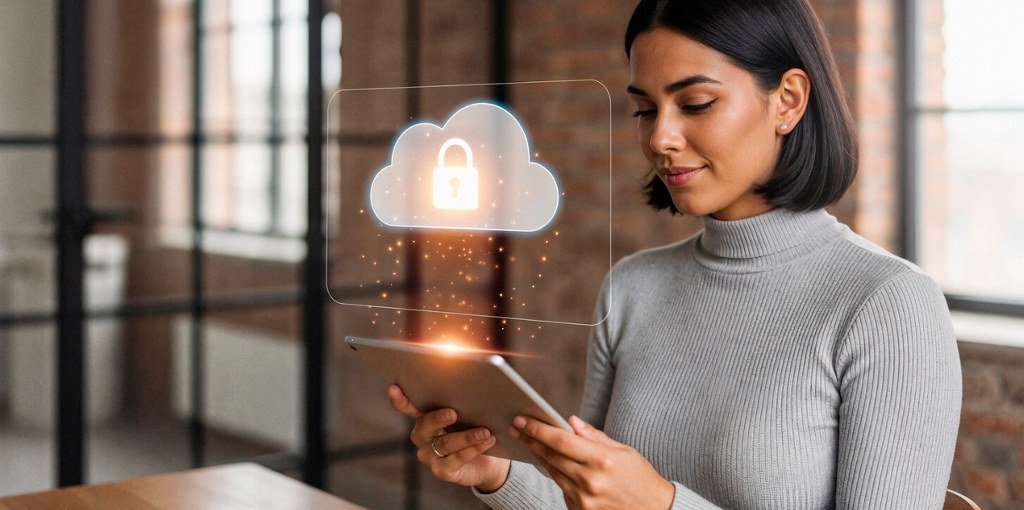 A cloud icon on top of a tablet indicating cloud computing.