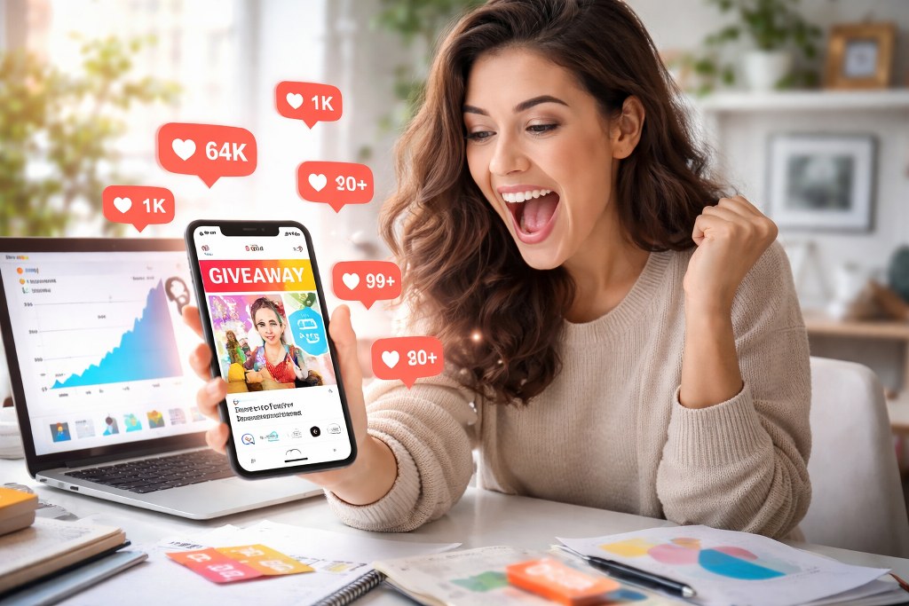 A content creator excitedly reacts to a viral Instagram giveaway on her phone as likes and notifications surge
