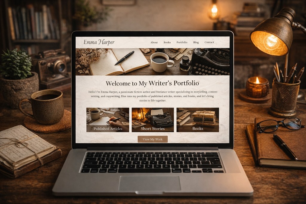 A cozy workspace featuring a laptop displaying a writers portfolio website