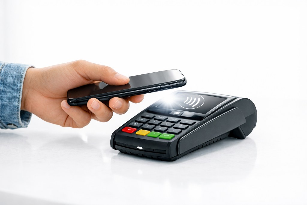 A customer using tap and go with NFC to complete a transaction.