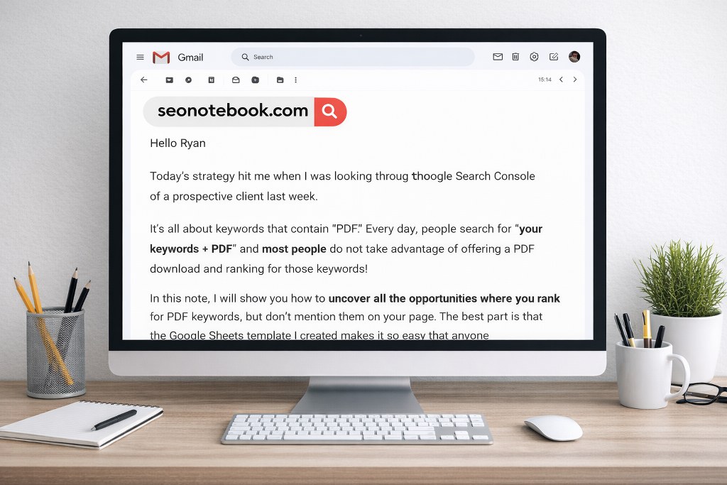 A desktop computer on a clean workspace displaying an SEO newsletter email about ranking for PDF keywords on the screen.