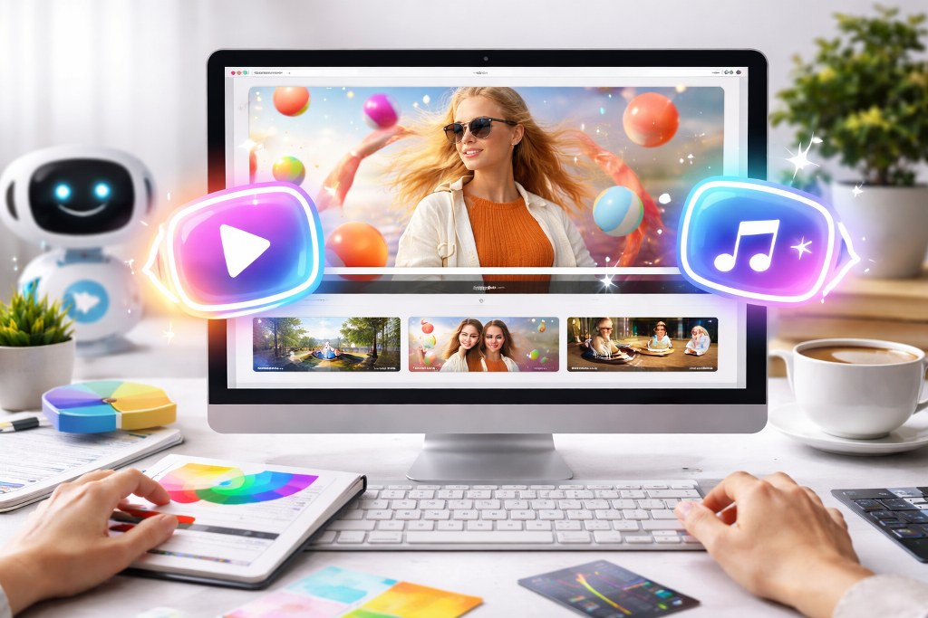 A desktop screen displays a vibrant video player with colorful media elements and editing tools around it.