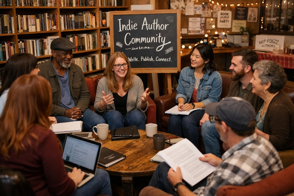 A diverse group of indie authors gathers in a cozy, book filled space, sharing ideas