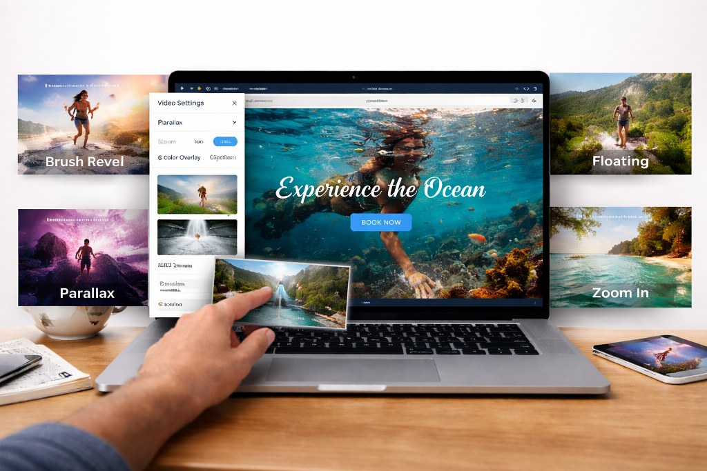A dynamic website editor showcasing immersive video backgrounds and visual effects in action.