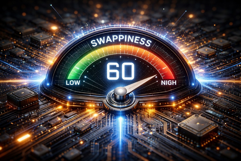 A futuristic gauge set to 60 glows above a circuit board, symbolizing balanced Linux memory swapping between RAM and disk.