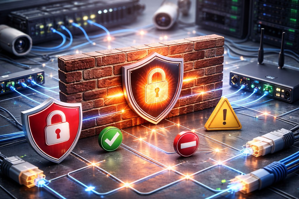 A glowing brick barrier blocks network cables while locks and warning symbols