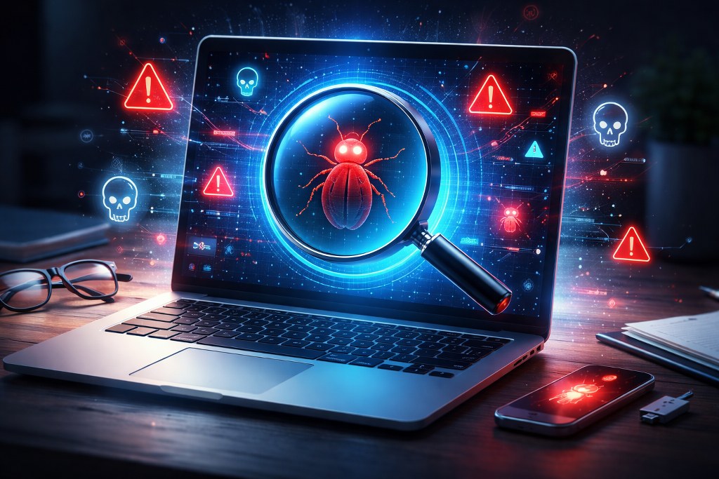 A glowing magnifying glass scanning a device screen