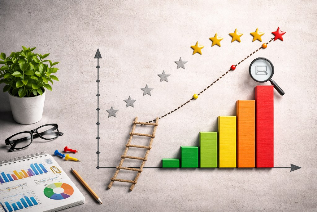 A gradual, step-by-step climb in website ranking illustrated with a ladder, rising bars, and a steady progress path.