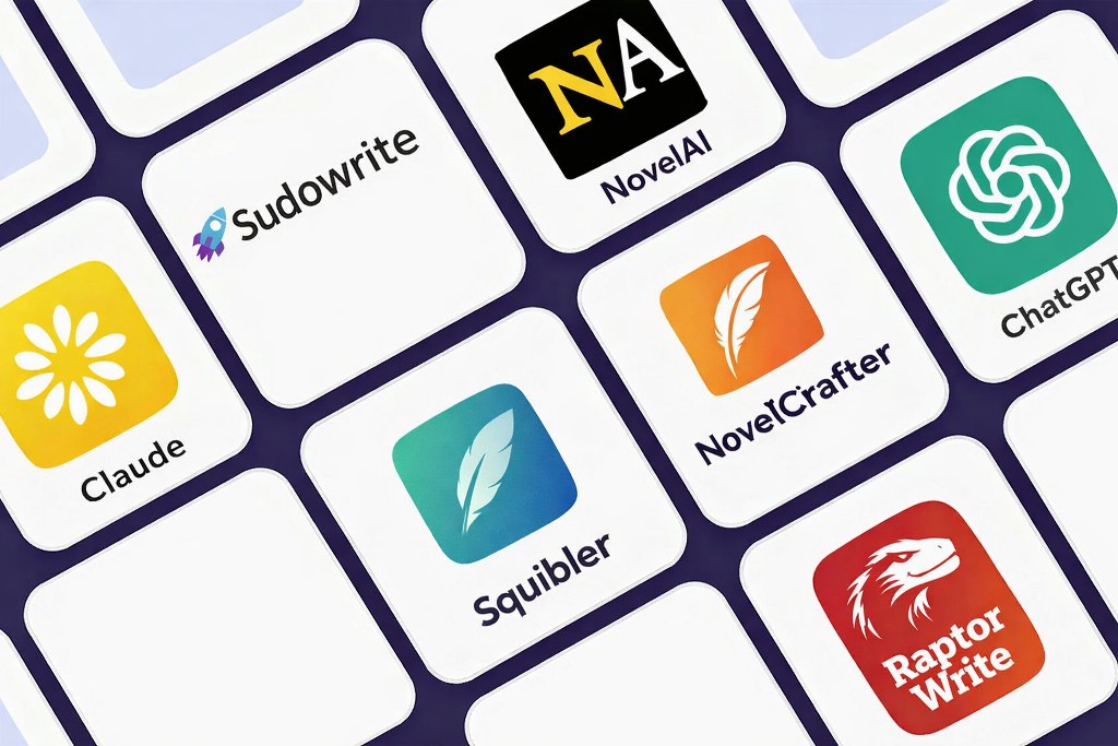 A grid of rounded tiles displaying logos of popular AI writing tools on a dark background.