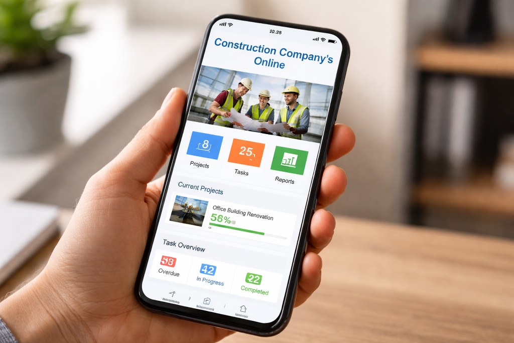 A hand holds a smartphone displaying a construction companys online dashboard