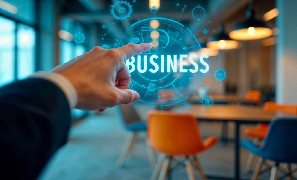 A hand pointing at the text Business.