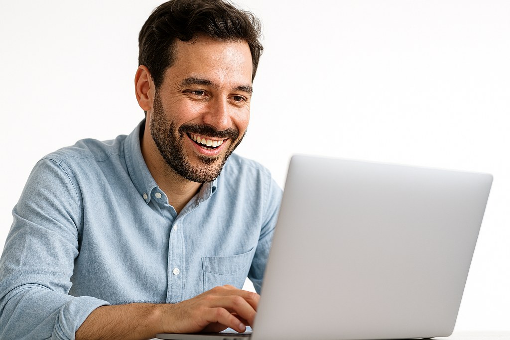 A happy man using a laptop.