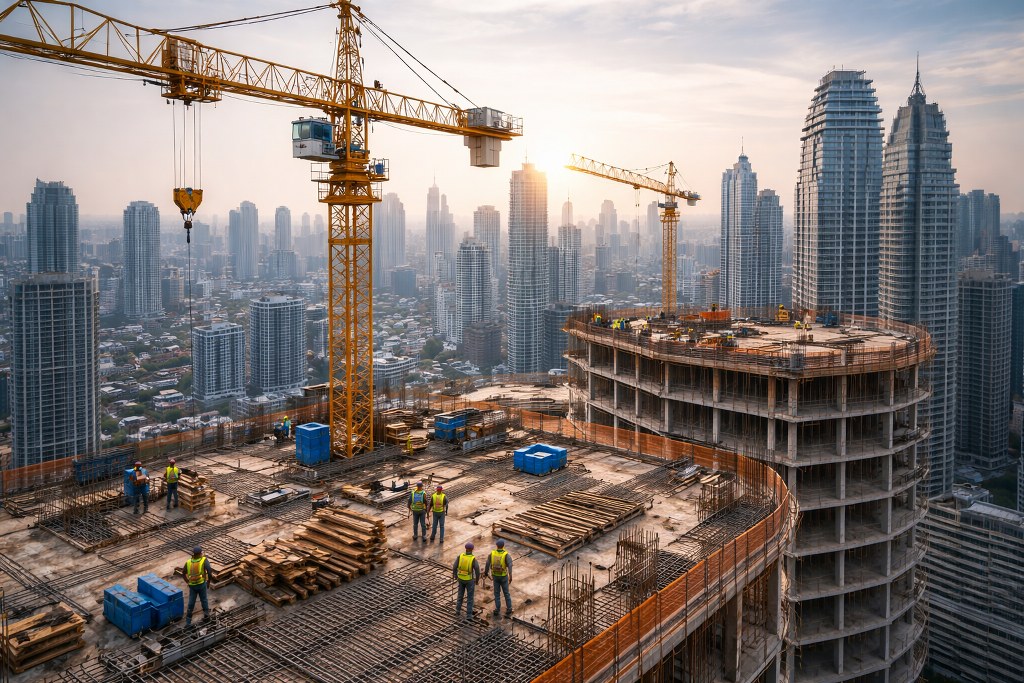 A high-rise construction site with workers and cranes overlooking a modern city skyline.