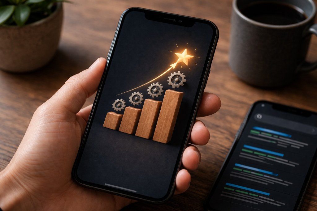 A laptop displays SEO ranking algorithms with charts, icons, and growth indicators.