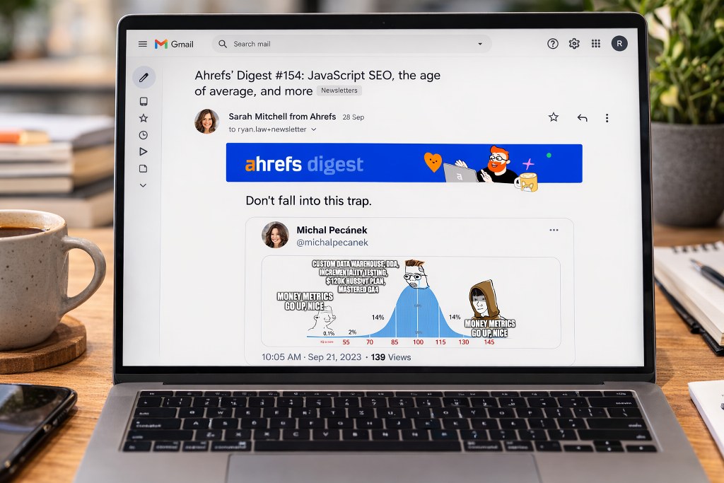 A laptop on table displaying Ahrefs' Digest newsletter.