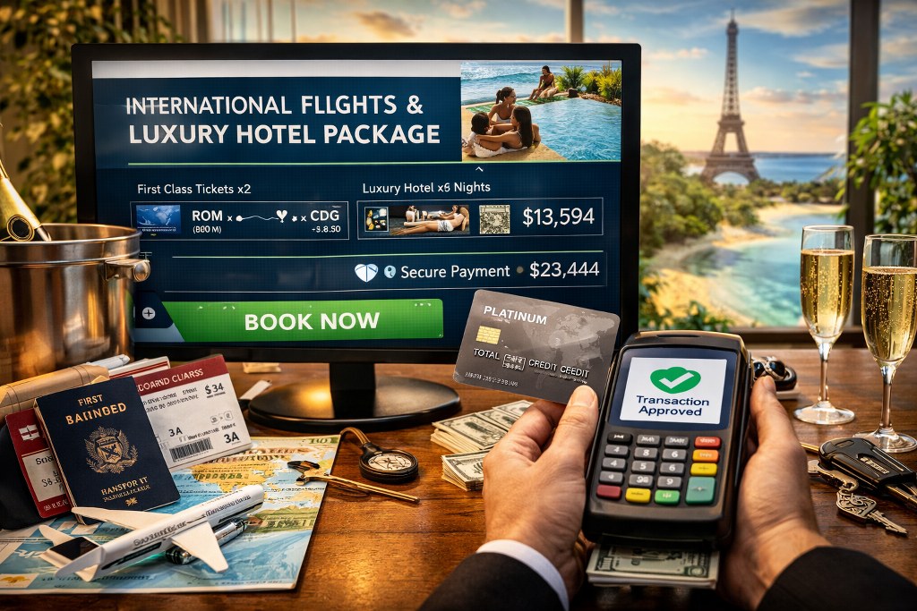 A luxury travel booking scene shows a high-value transaction approved