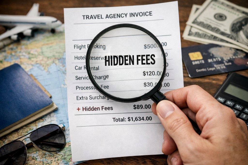A magnifying glass highlights hidden fees on a travel invoice