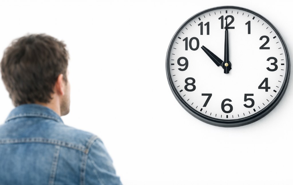 A man looking at a clock.