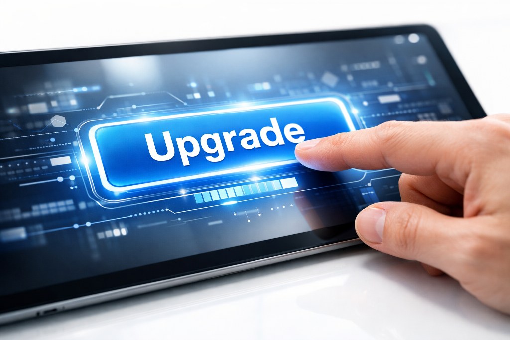 A man pressing upgrade button.
