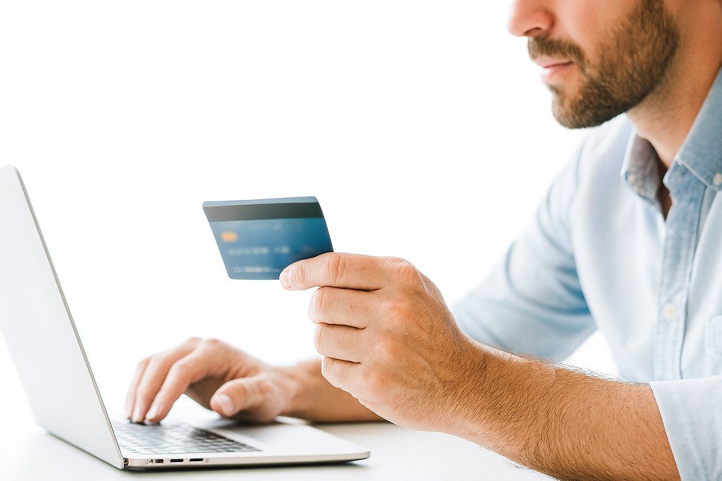 A man putting his credit card details on computer.