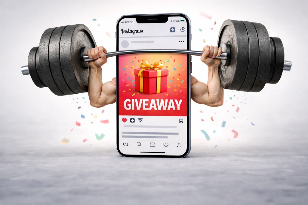 A muscular Instagram giveaway post lifts a heavy barbell