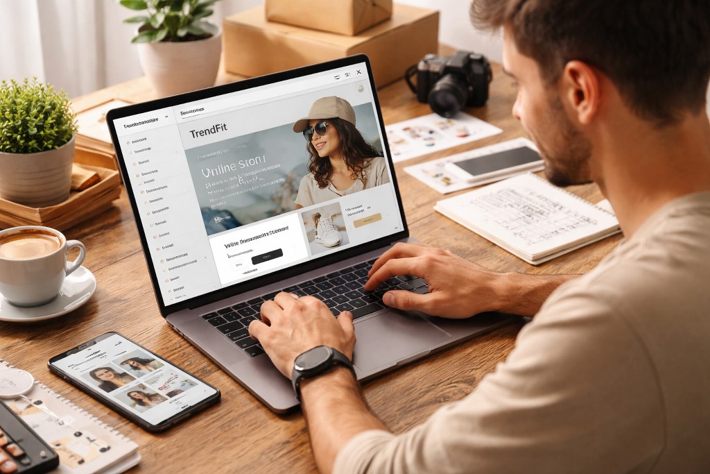 A person building an online store on a laptop at a tidy workspace.