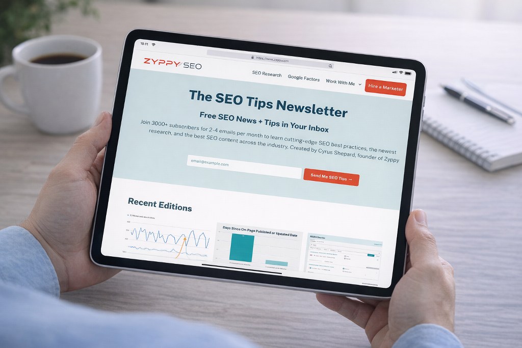 A person holding an iPad displaying the SEO Tips Newsletter signup page on the screen.