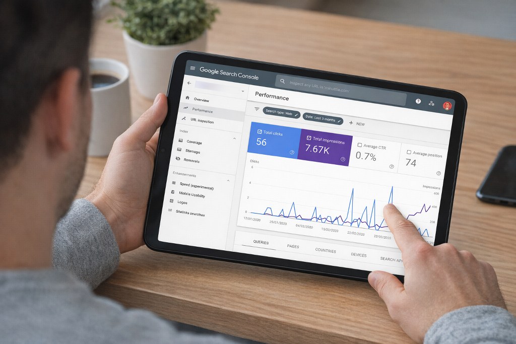 A person viewed from behind holds a tablet displaying a Google Search Console performance dashboard, highlighting website clicks, impressions, and trends.