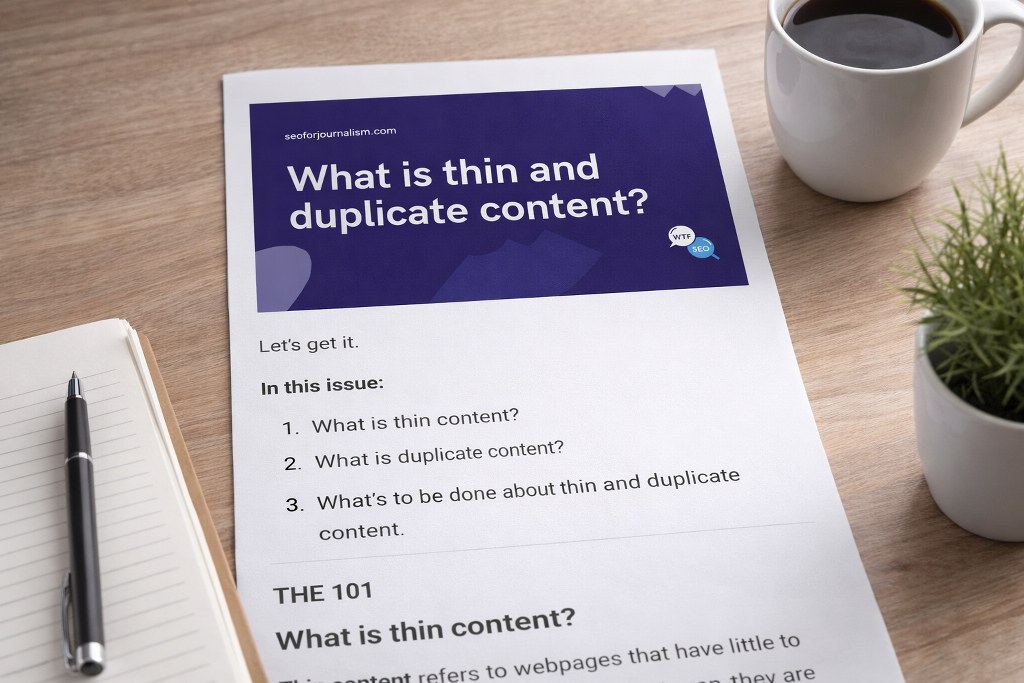 A printed SEO newsletter about thin and duplicate content placed on a clean desk beside a notebook and coffee.