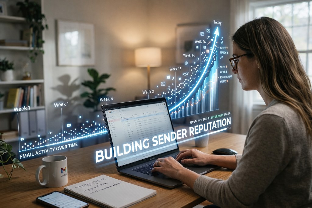 A professional workspace where a digital growth chart tracks email activity over several weeks.