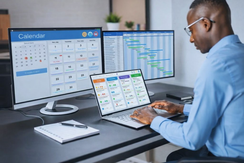 A project manager working at a sleek desk uses a laptop and dual monitors to manage schedules and project timelines digitally.