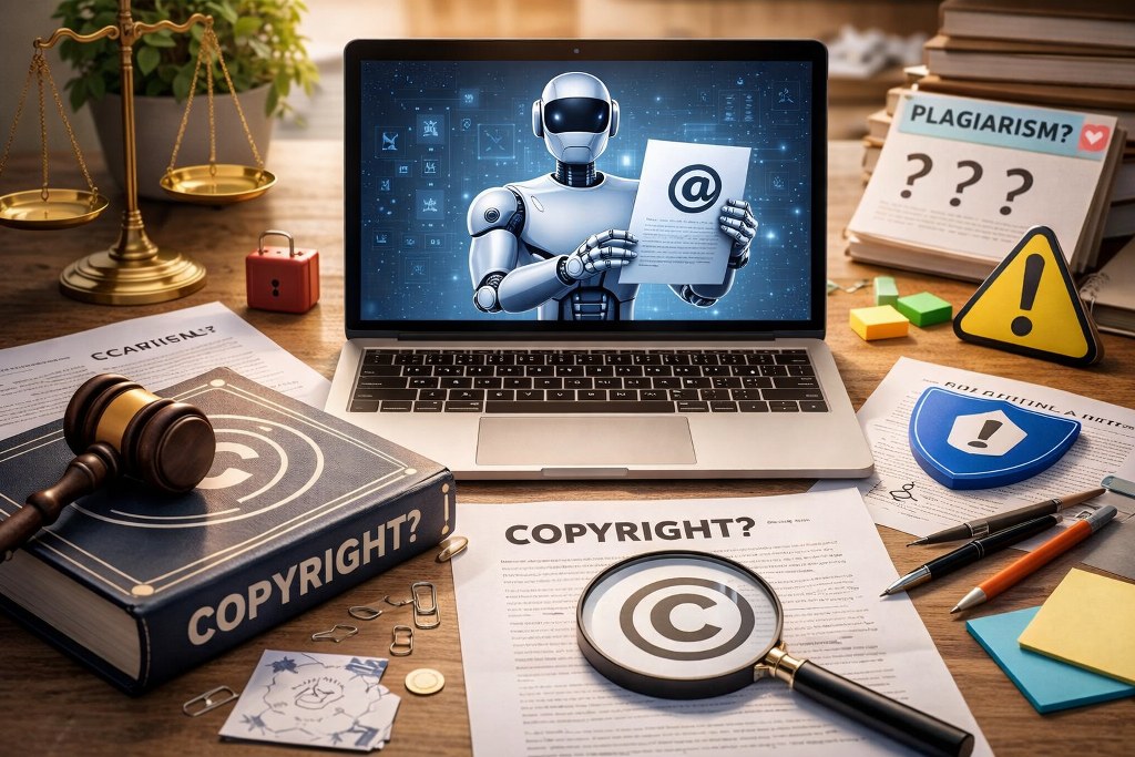 A realistic desk scene highlights the tension between AI creation and copyright