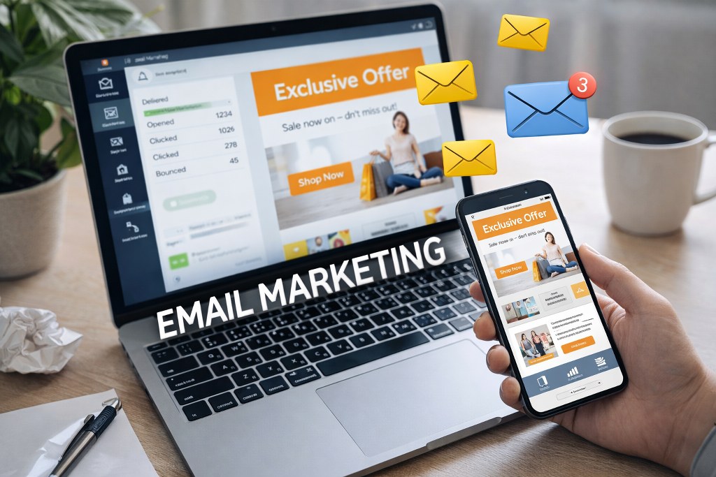 A realistic workspace scene showing a laptop and phone displaying email campaigns