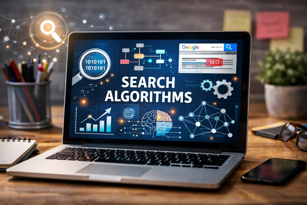 A realistic workspace scene visualizing how search algorithms analyze data, connect signals, and rank results intelligently.