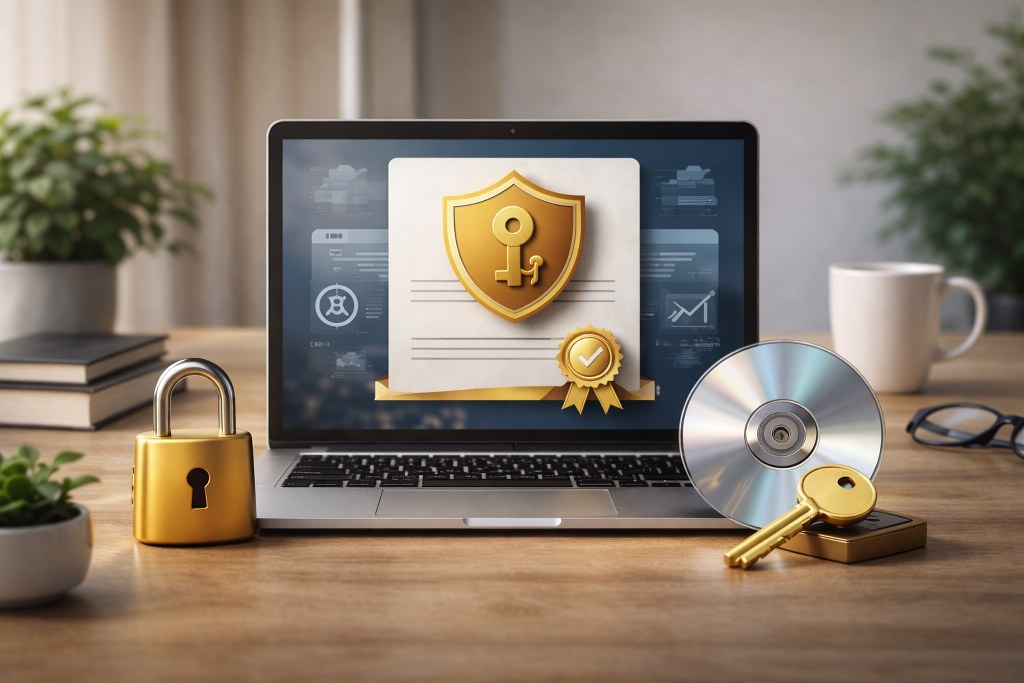A realistic workspace showing a laptop secured with a digital license lock and key.