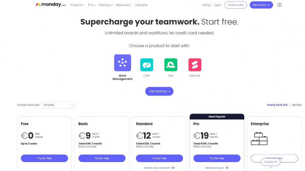 A screenshot of Monday.com pricing.