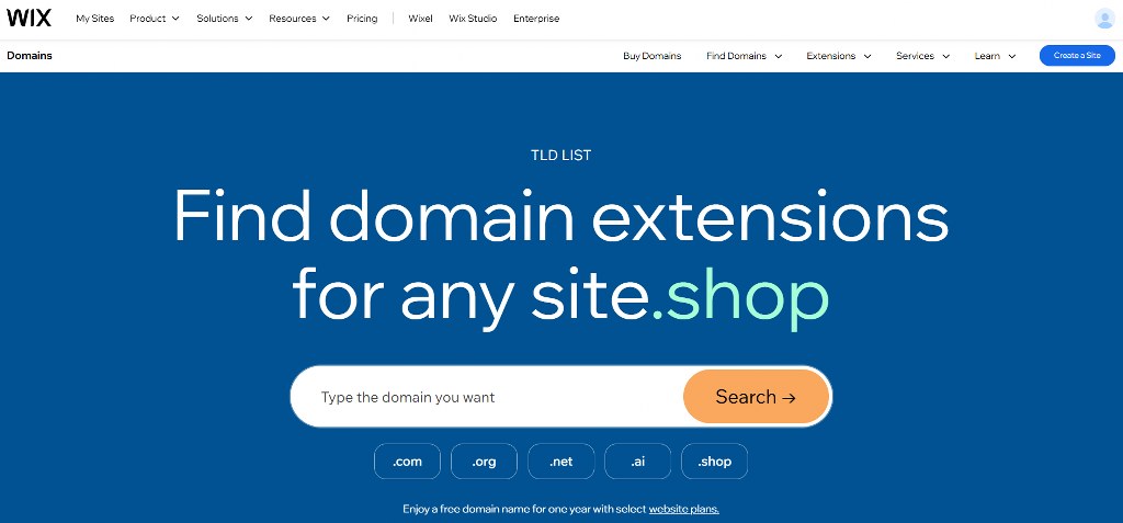 A screenshot of Wix's webpage for finding domain extensions of any site and their prices.
