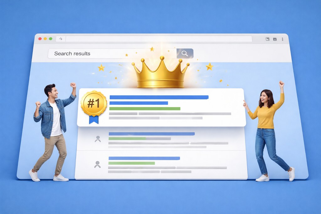 A search results page highlighting the 1 result with a crown and badge, as two people celebrate its top ranking.