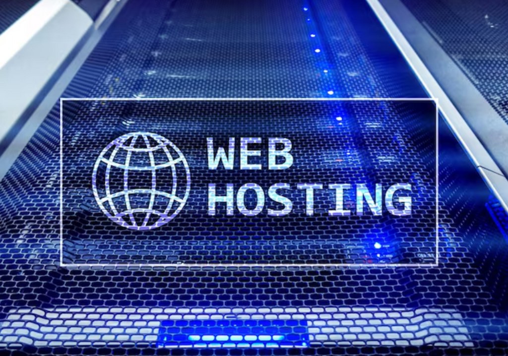 A server rack with the word web hosting written on it.